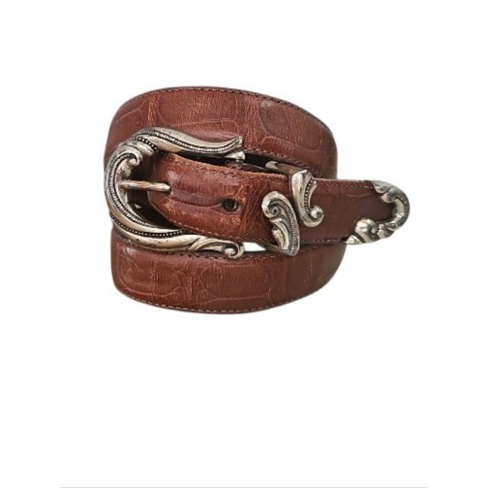 Brighton Vintage Leather Belt Womenโs M Brown Silver Scroll Buckle Western USA